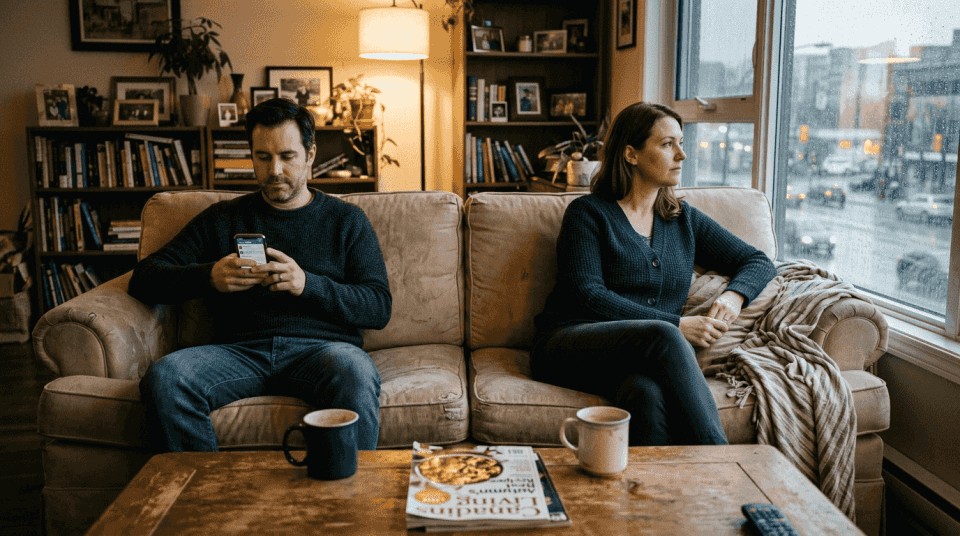 Distant married couple on living room sofa