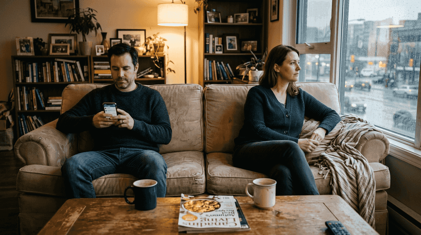 Distant married couple on living room sofa