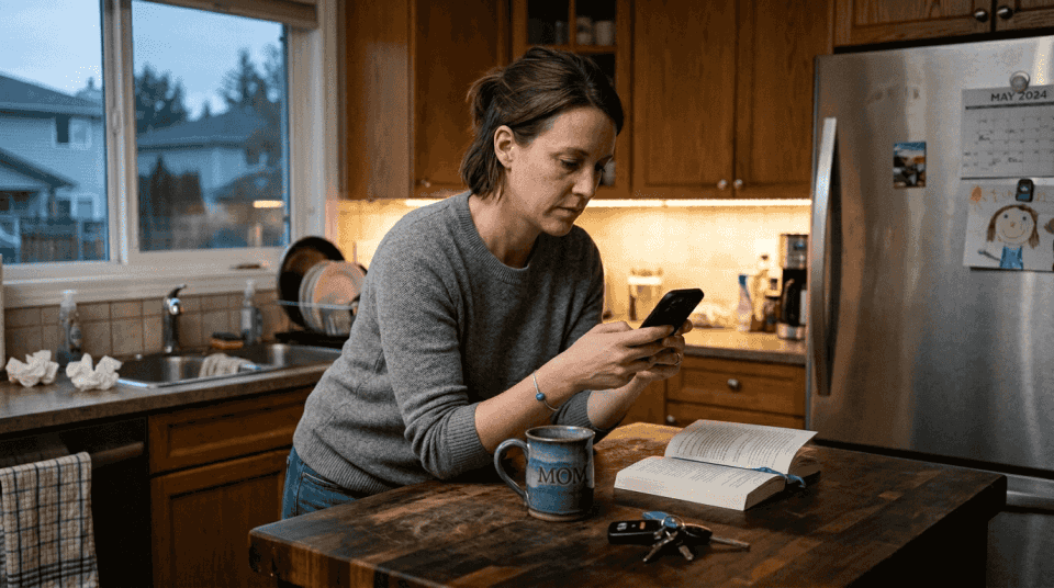 Woman alone in kitchen looking concerned