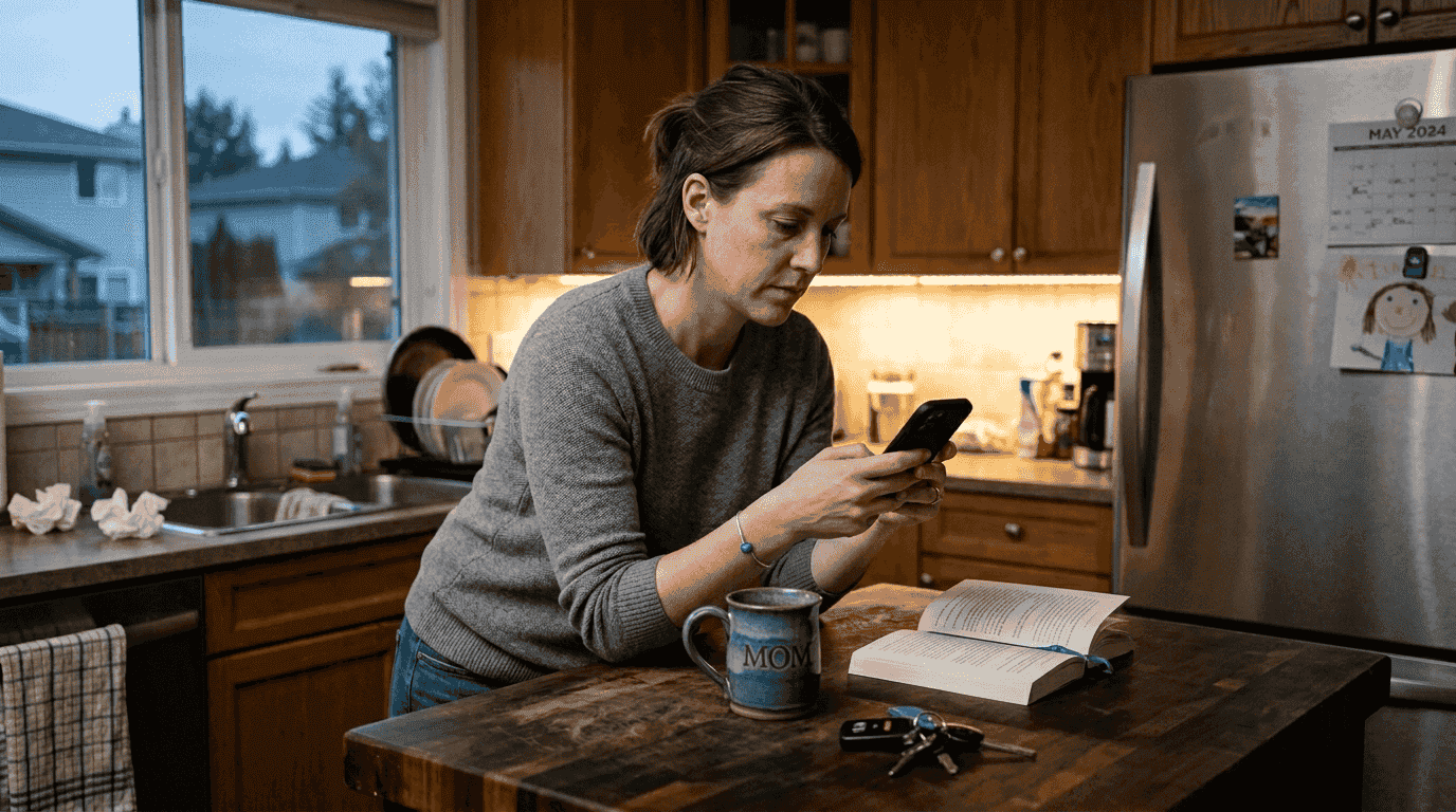 Woman alone in kitchen looking concerned
