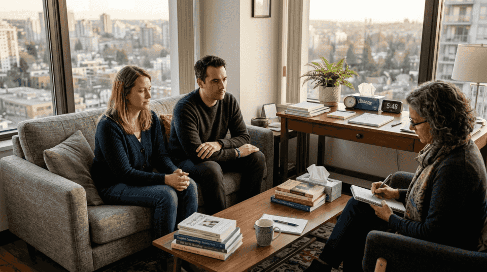 Couple sitting in therapist’s corner office