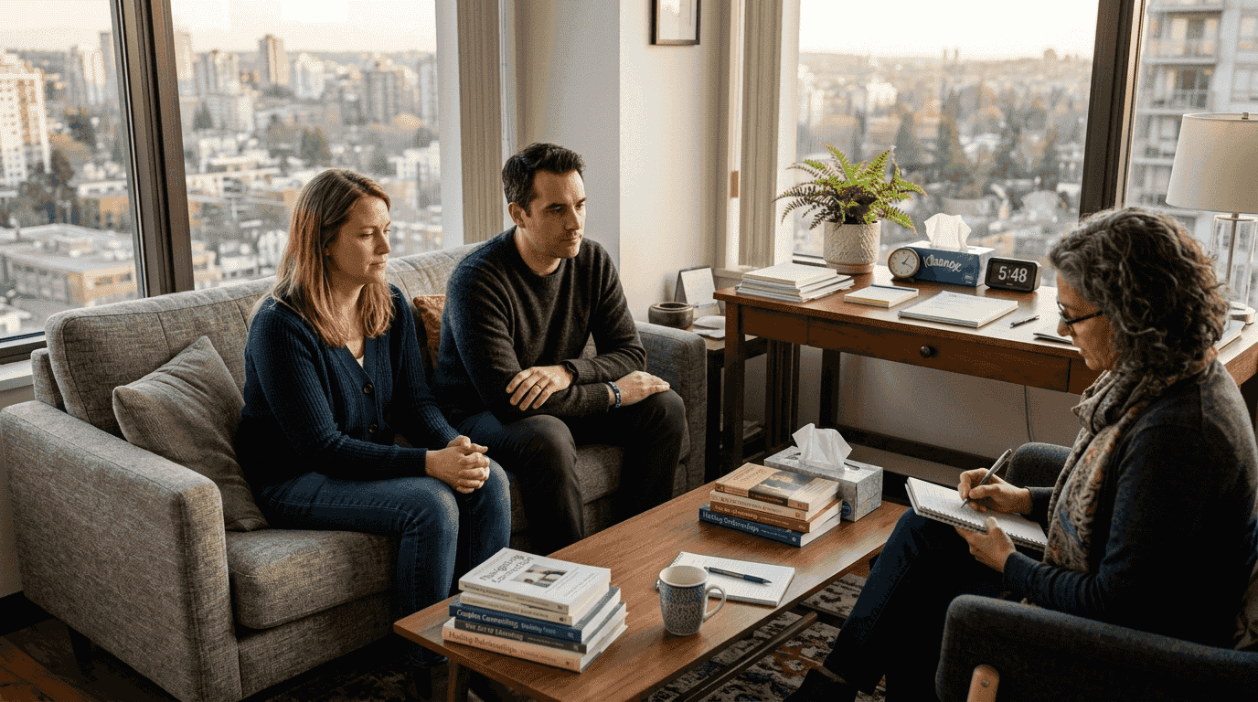 Couple sitting in therapist’s corner office