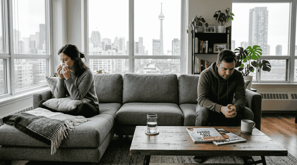 Couple having serious conversation in living room