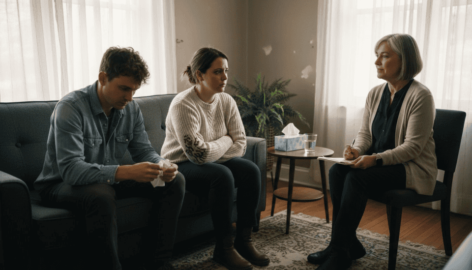 Couple and therapist in emotional session