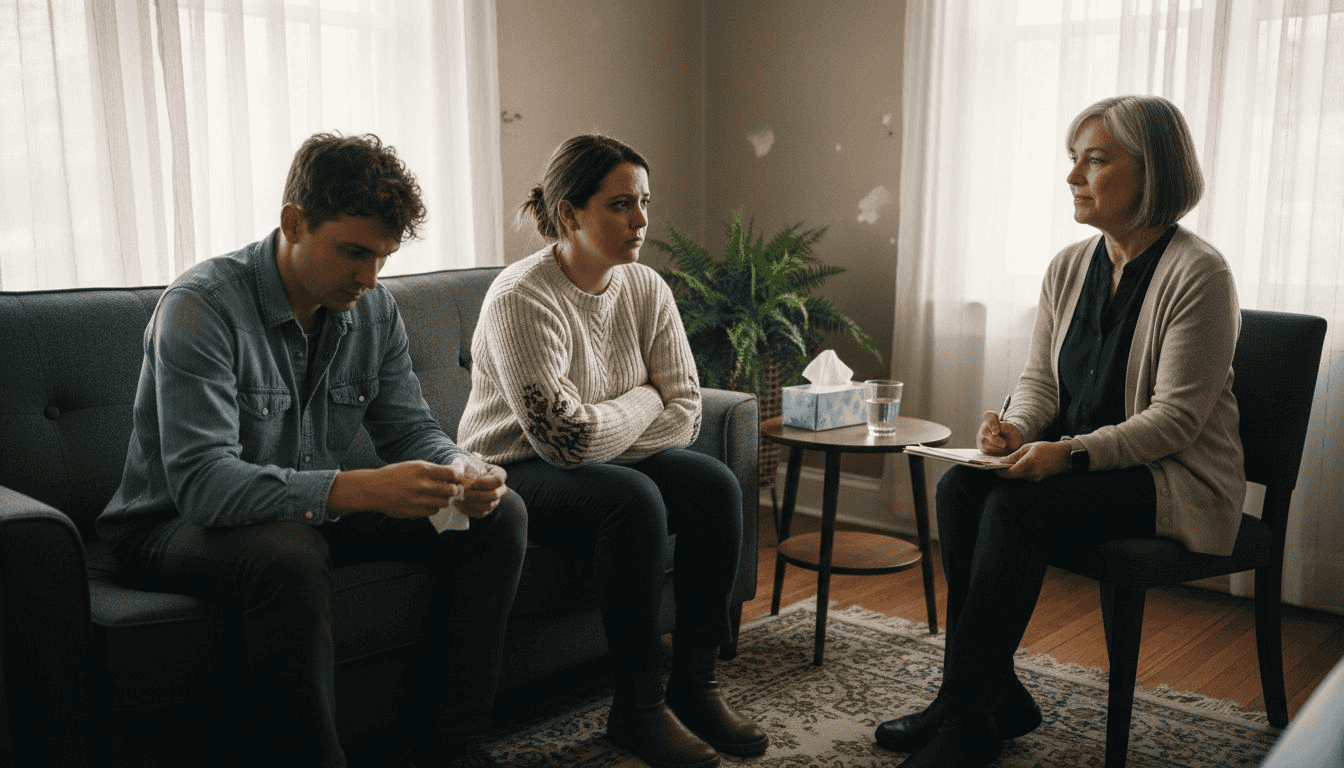 Couple and therapist in emotional session