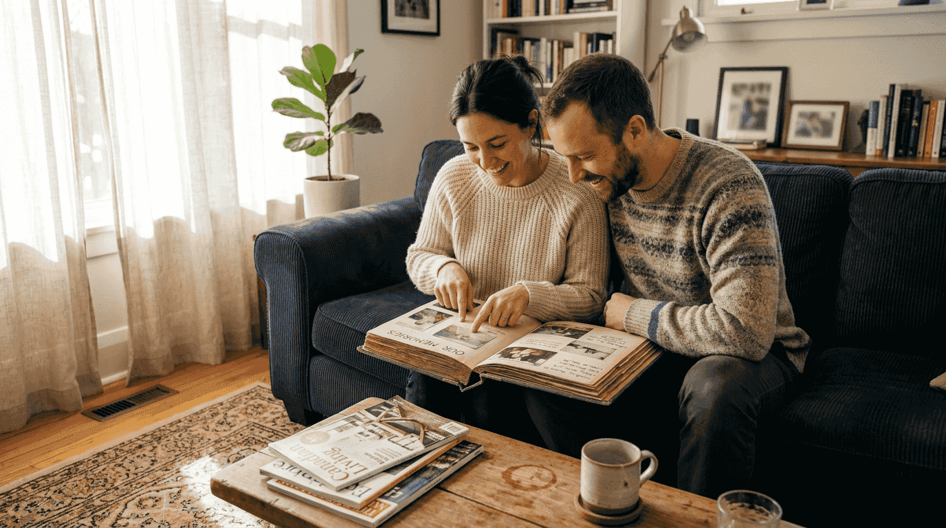 Couple reviewing childhood photos on sofa