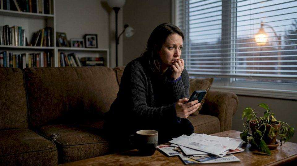 Anxious woman on sofa clutching phone