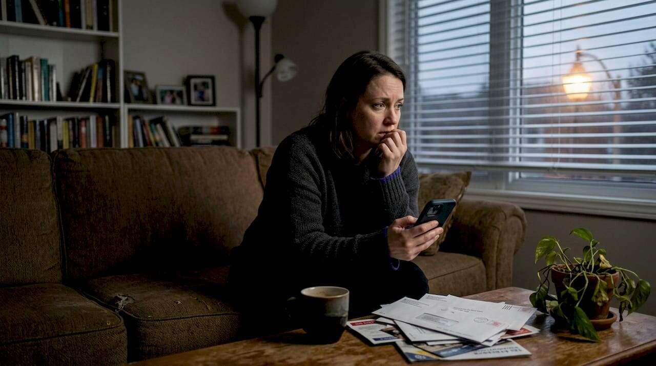 Anxious woman on sofa clutching phone