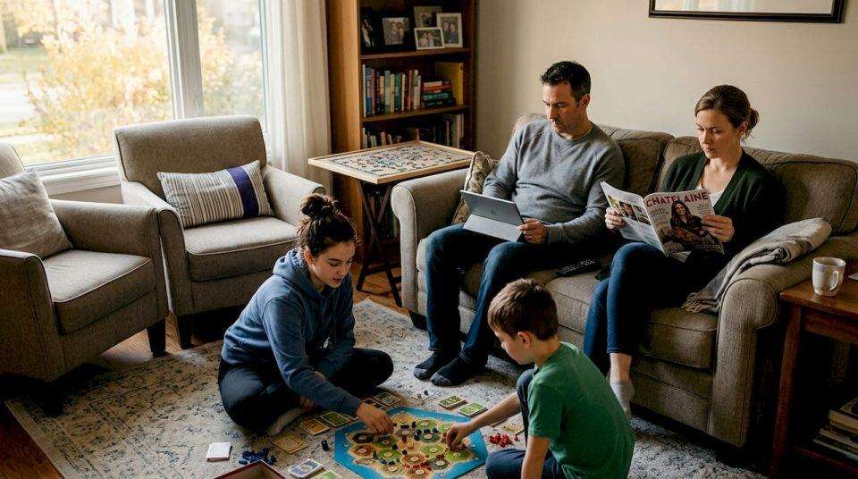 Blended family in evening living room routine