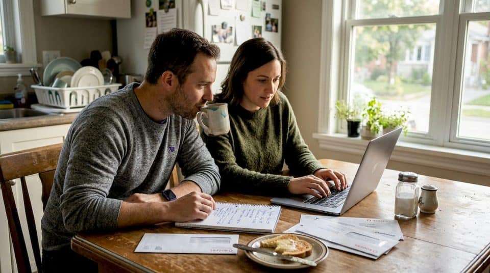 Couple reviewing finances at kitchen table