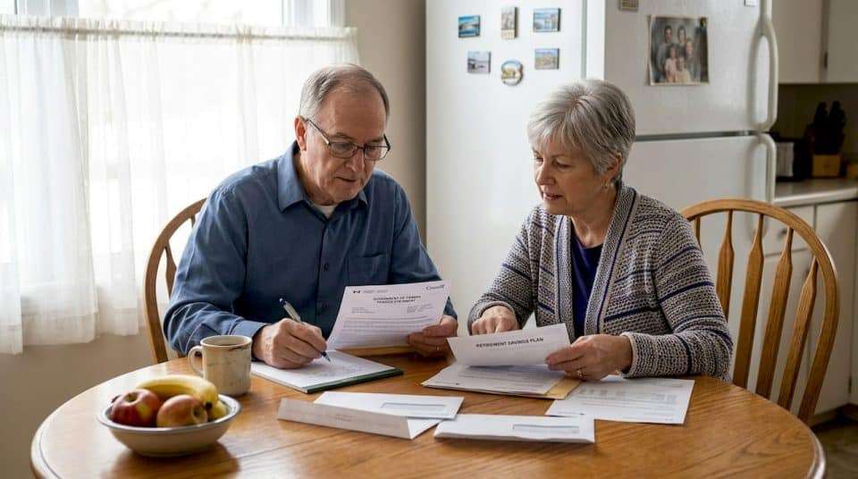 Retired couple reviewing pension documents at kitchen table