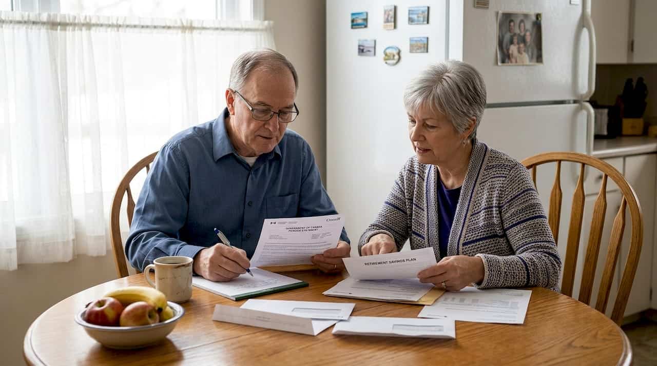 Retired couple reviewing pension documents at kitchen table