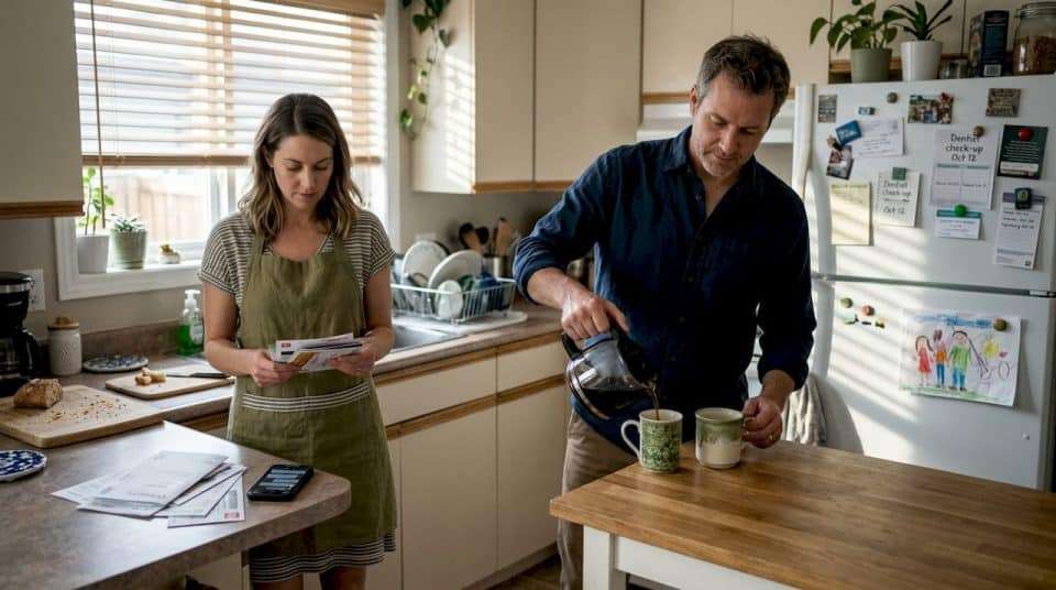 Couple handling morning routine in kitchen
