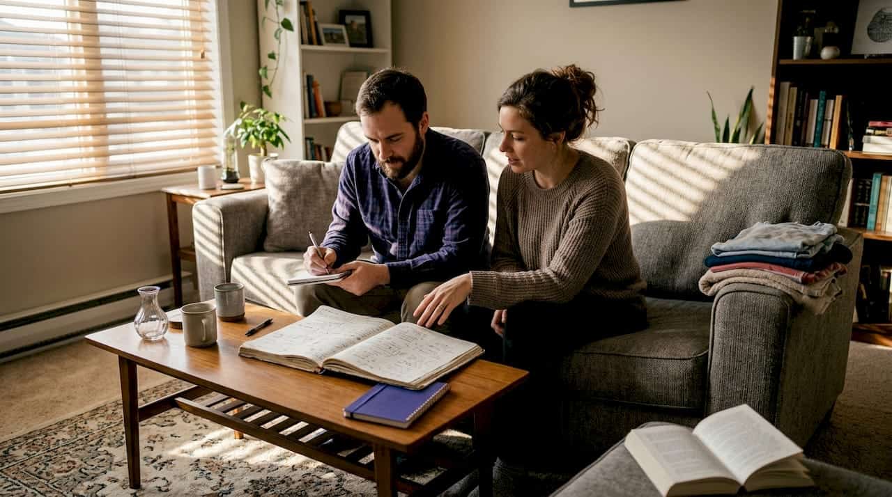 Couple reconnecting in home conversation