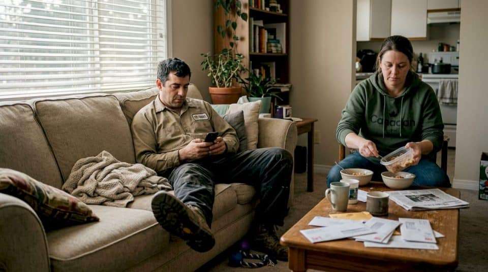 Camp worker and partner reconnecting in lived-in home