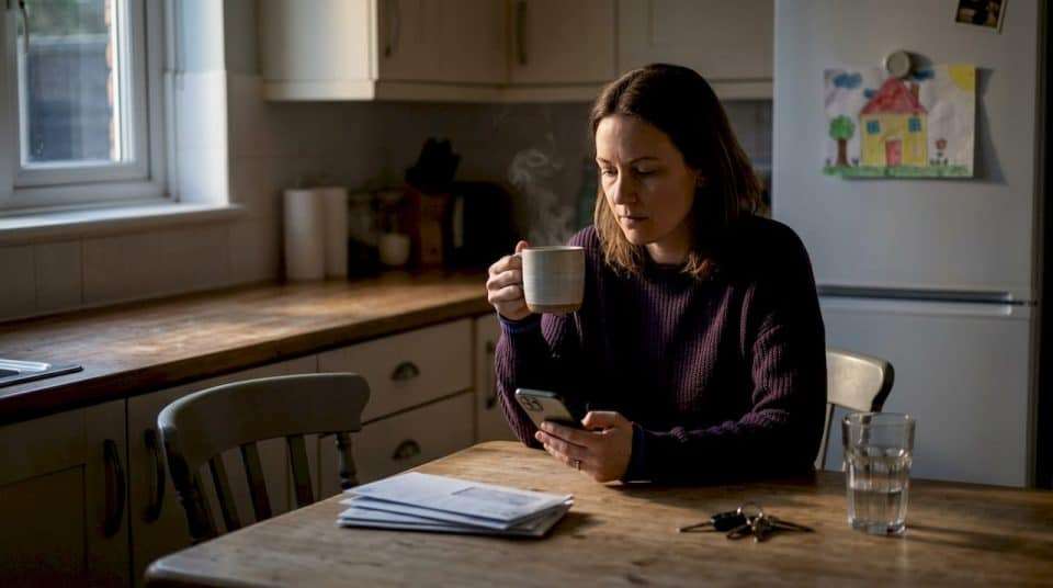 Woman alone with tea at kitchen table