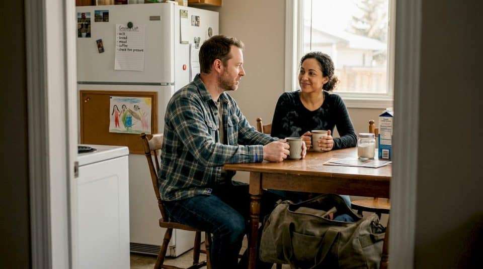 Camp worker talking with partner at home