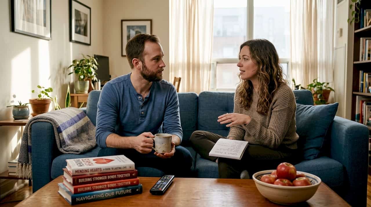 Couple discussing boundaries in living room