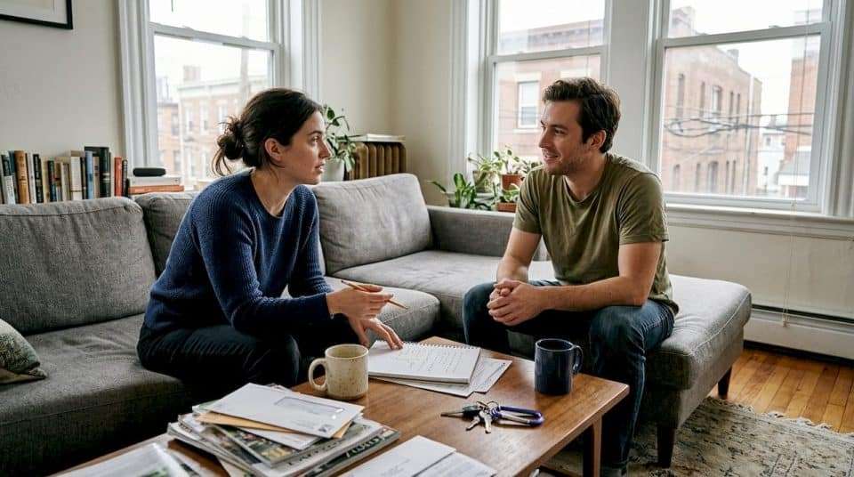 Couple discussing plans in bright living room