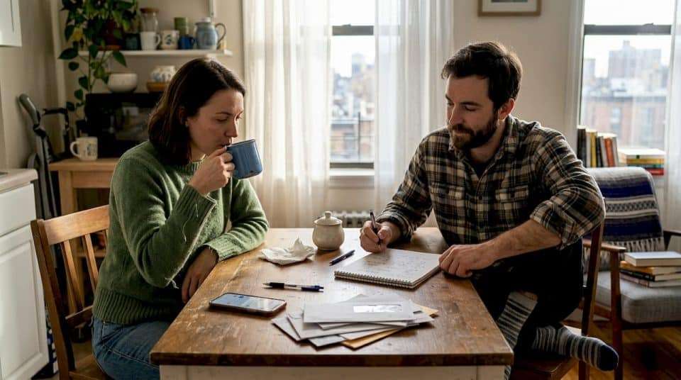 Couple having honest conversation at kitchen table