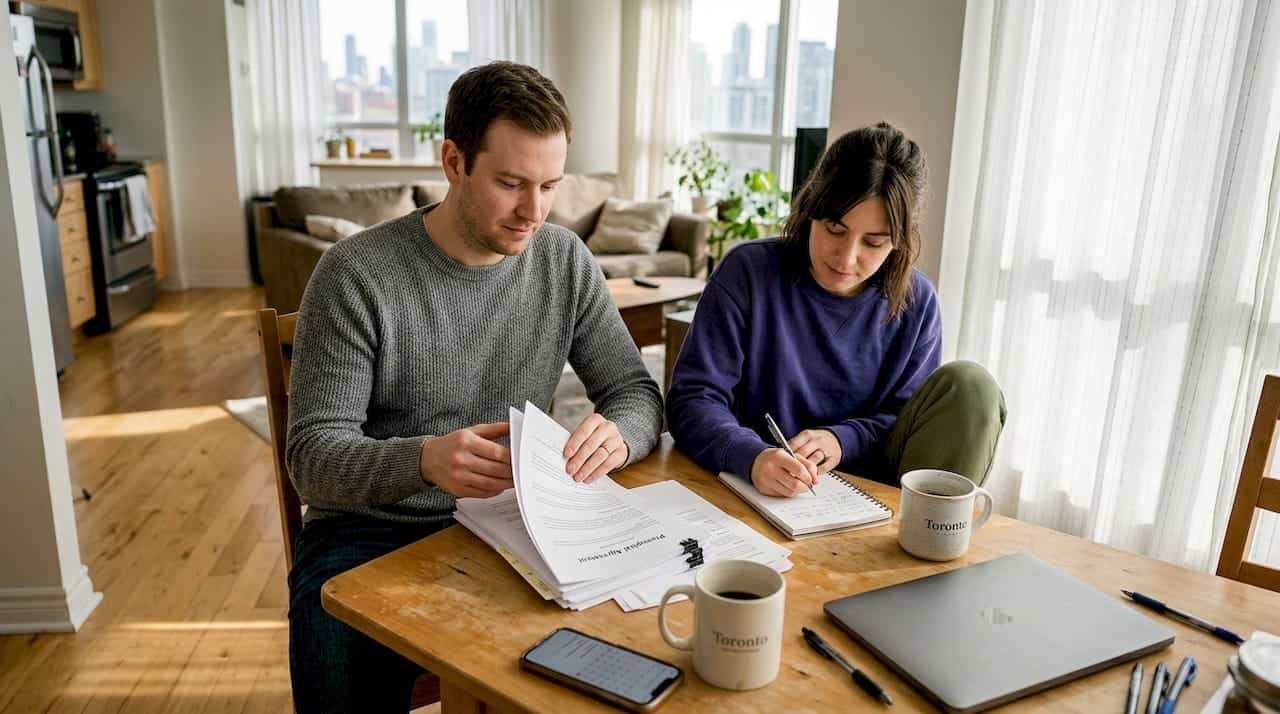Couple reviewing prenup paperwork at home