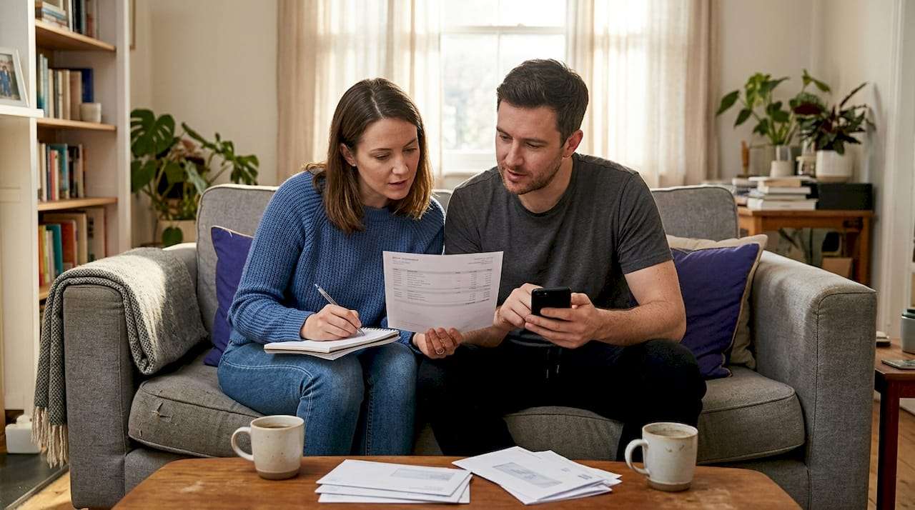 Couple reviews bank statement on couch