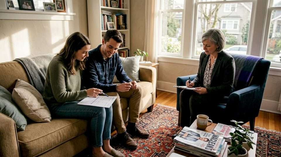 Engaged Kelowna couple with counselor on couch