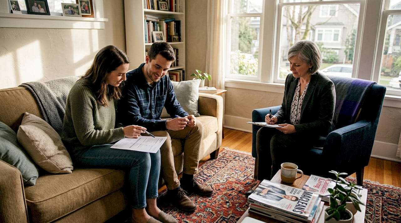 Engaged Kelowna couple with counselor on couch