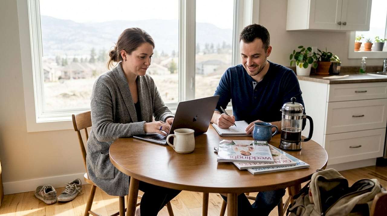 Couple planning wedding at kitchen table