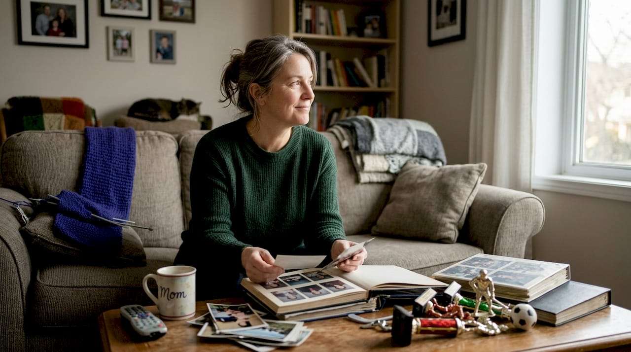 Woman reflecting alone in a quiet living room