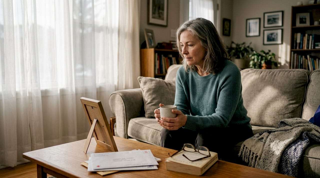Middle-aged woman pausing alone in living room