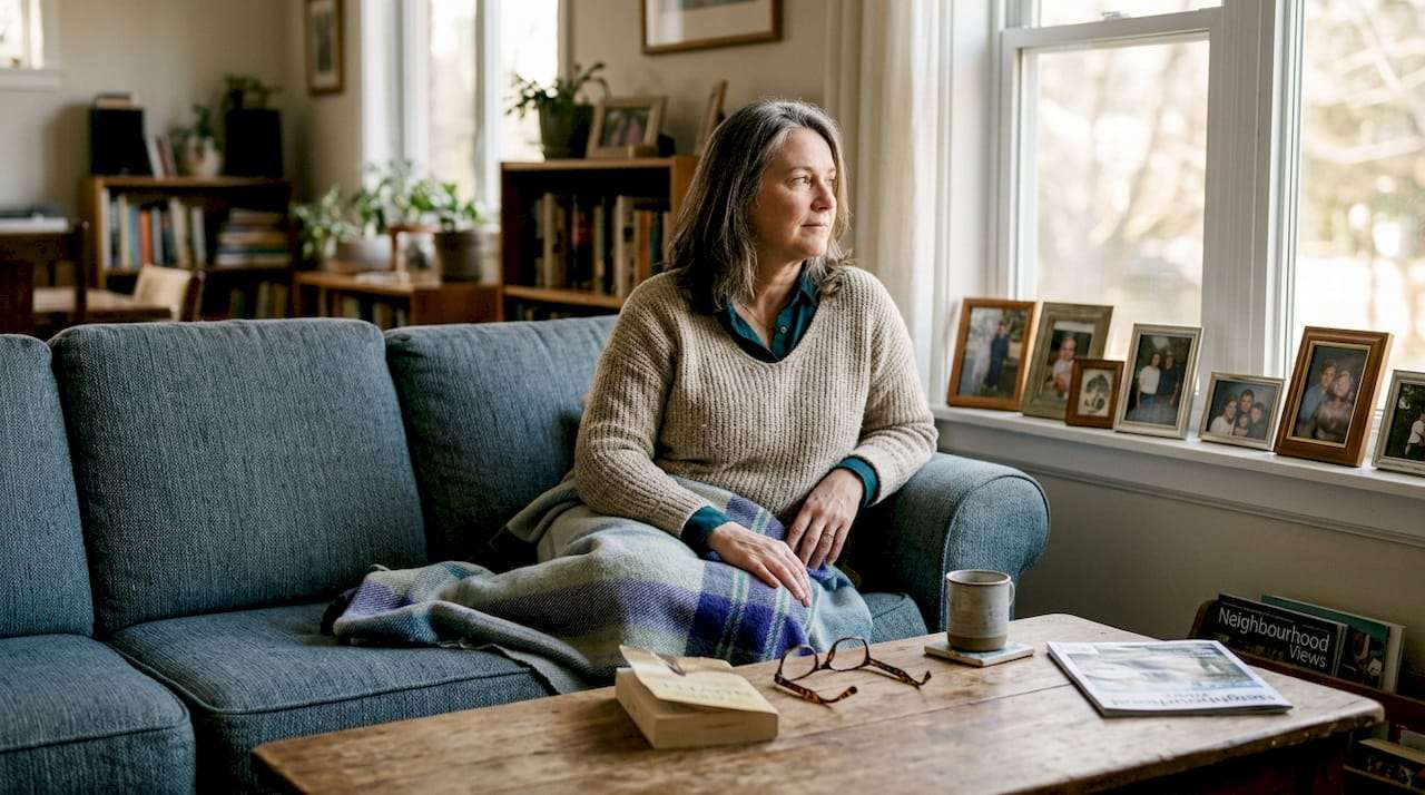 Woman reflecting in quiet empty nester living room