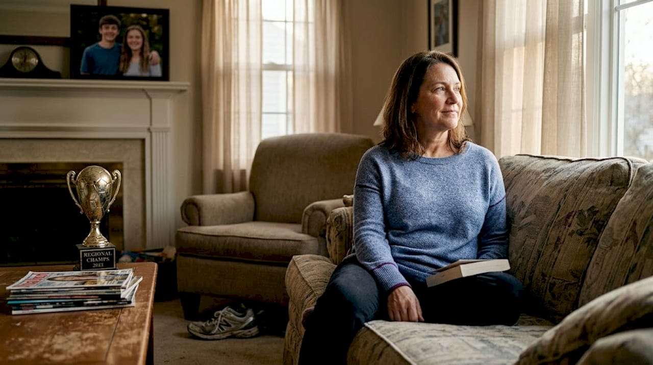 Parent sitting alone in lived-in living room