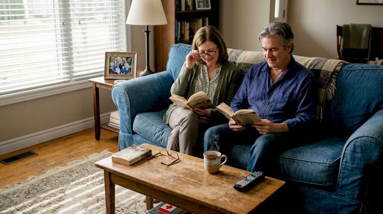 Couple reading quietly in sunlit living room