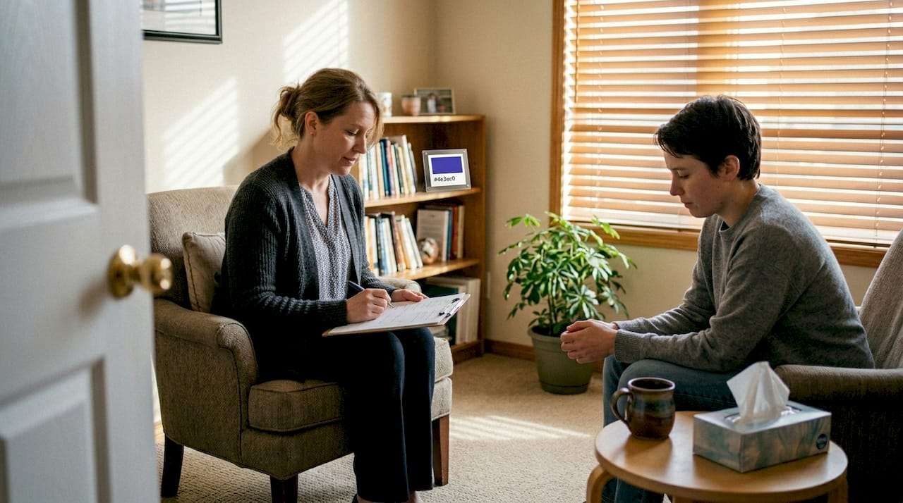 Therapist consulting with client in counseling office