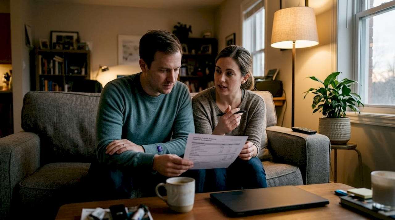 Couple discussing papers in cozy living room