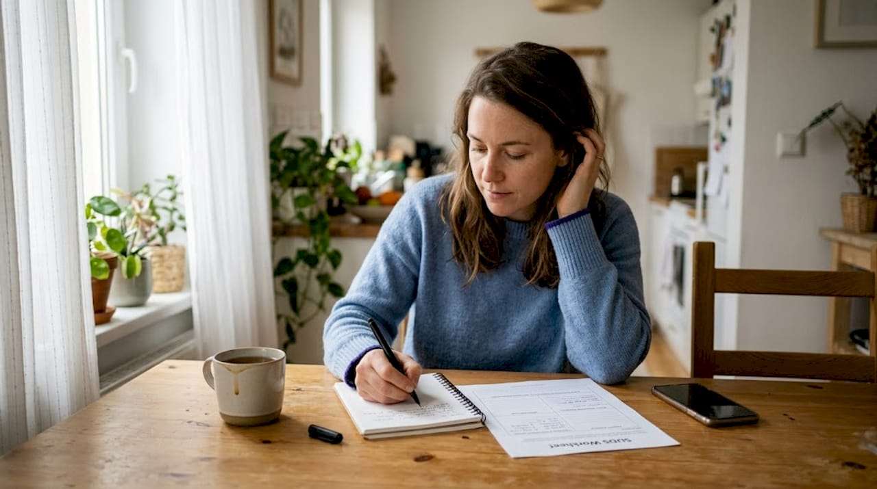 Woman journaling therapy notes at kitchen table