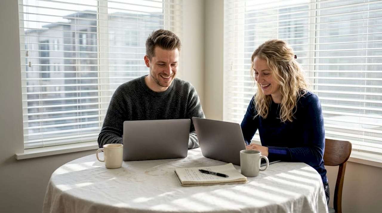 Couple discussing quiz at sunlit kitchen table