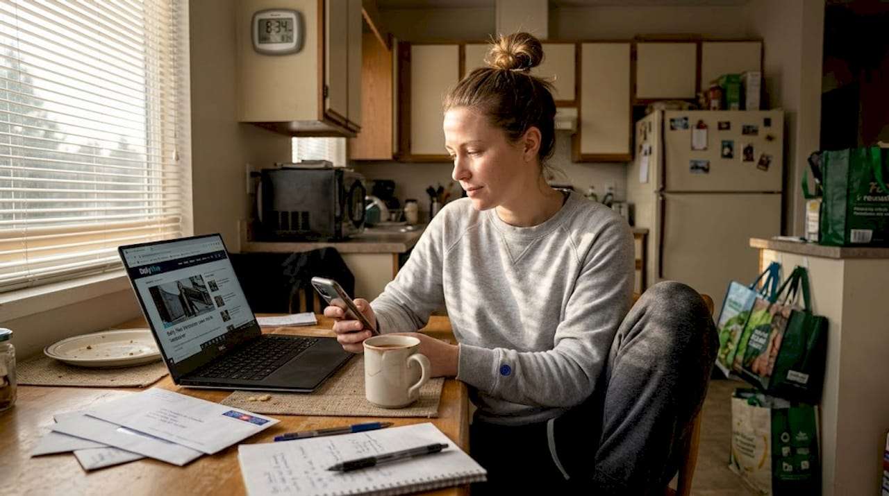 Woman checking phone at kitchen table morning