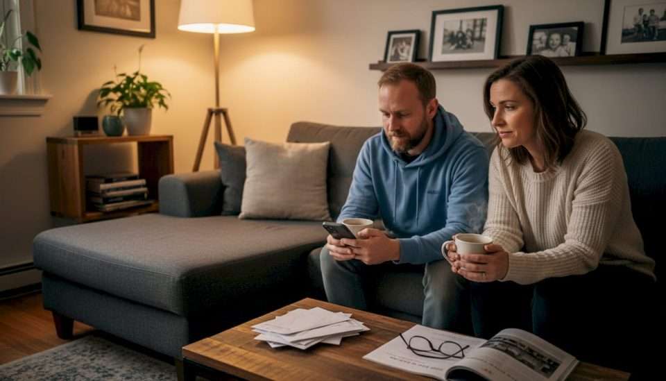 Couple sitting quietly in living room
