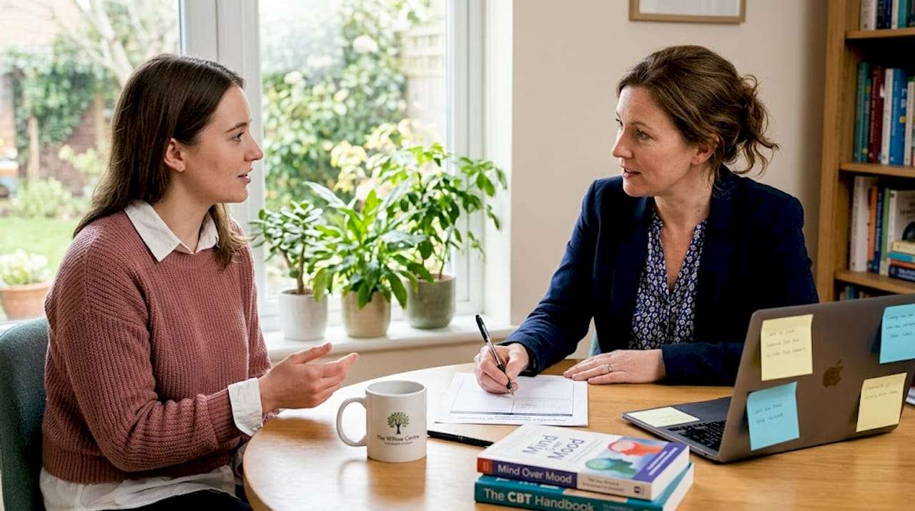 Therapist and client at table with thought record