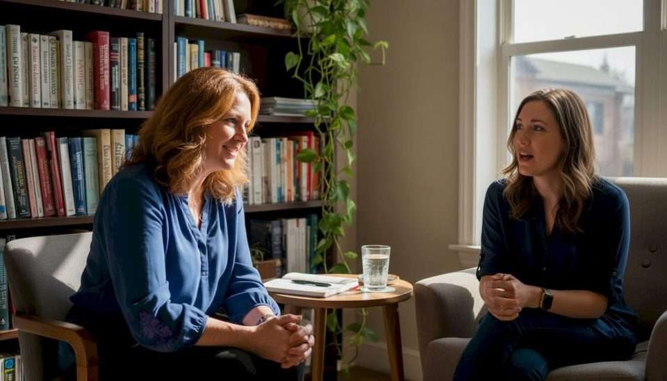 Therapist and client talking in calm office