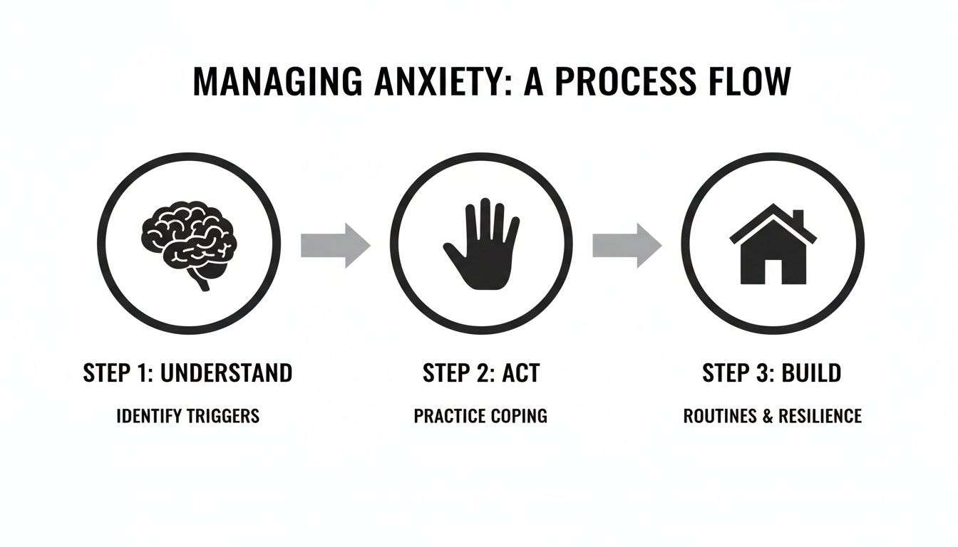 A 3-step process flow for managing anxiety: Understand, Act, Build routines and resilience.