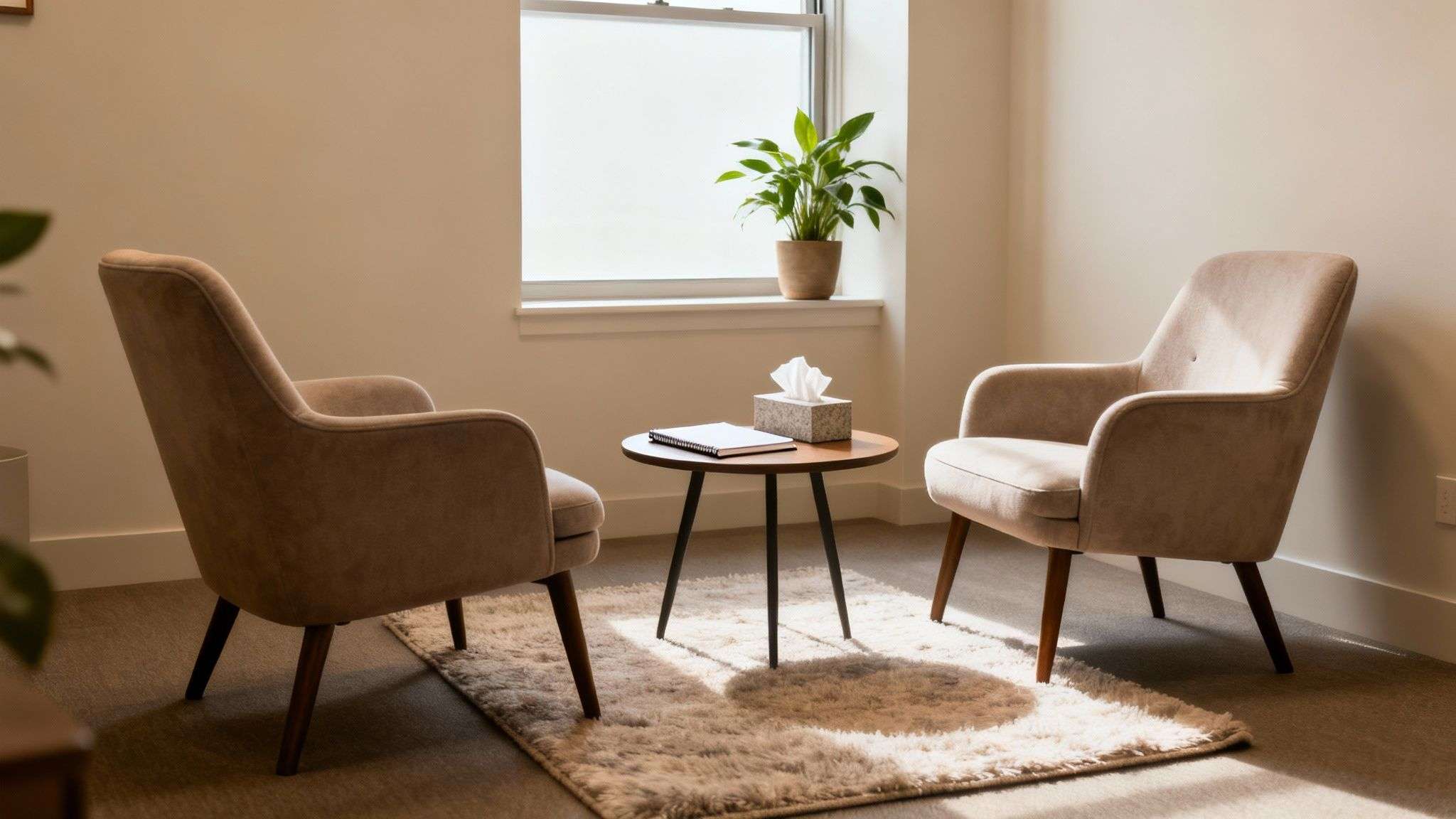 A calm therapy room with two comfortable armchairs, a small table, and a plant by the window.