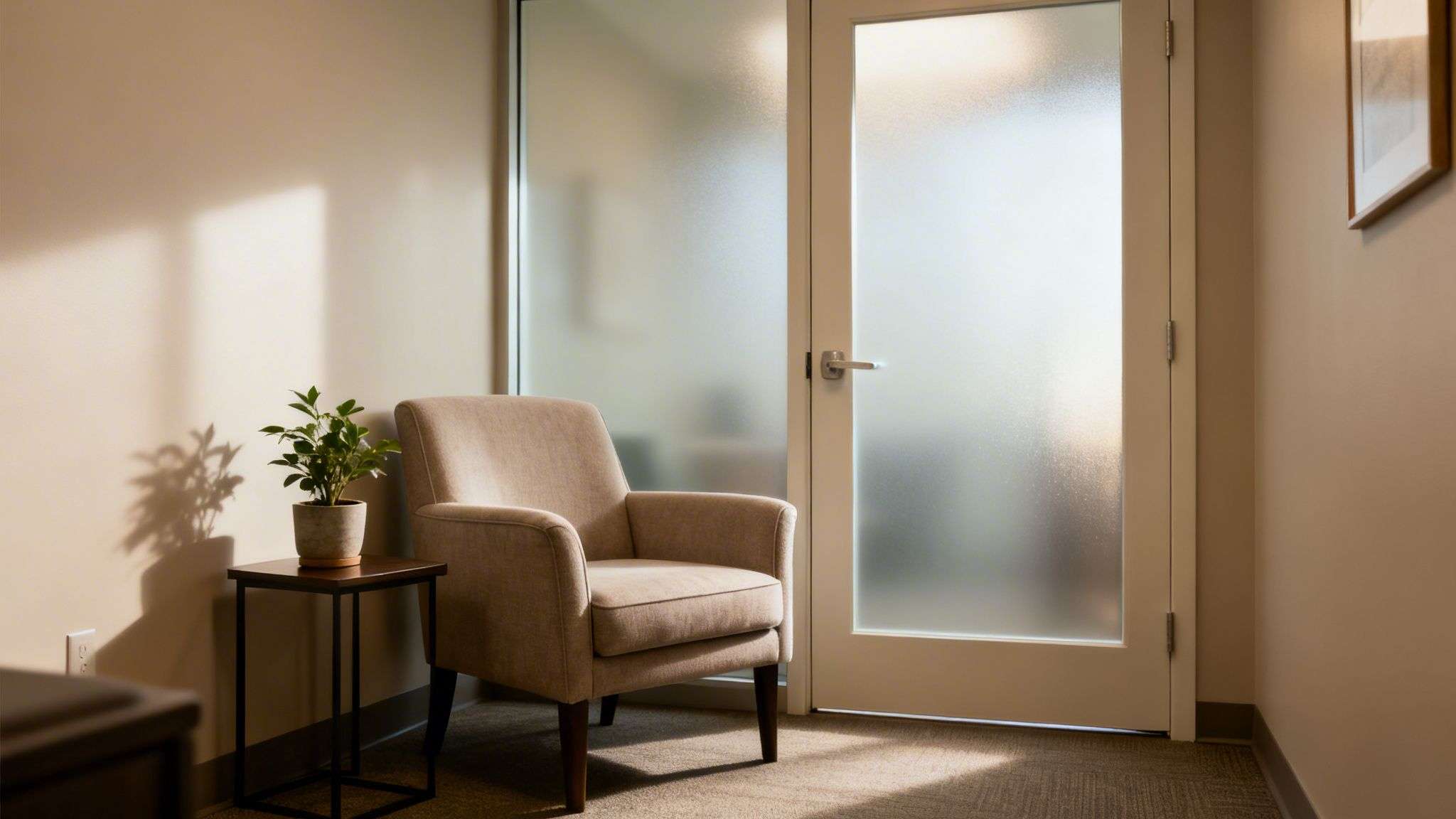 A calm waiting area featuring a beige armchair, potted plant, and frosted glass door.