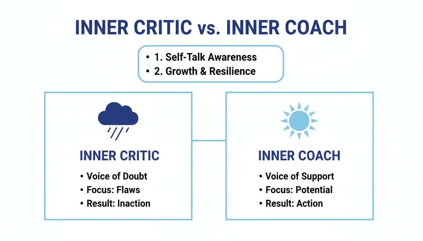A chart comparing Inner Critic (doubt, flaws, inaction) with Inner Coach (support, potential, action) for self-talk awareness.
