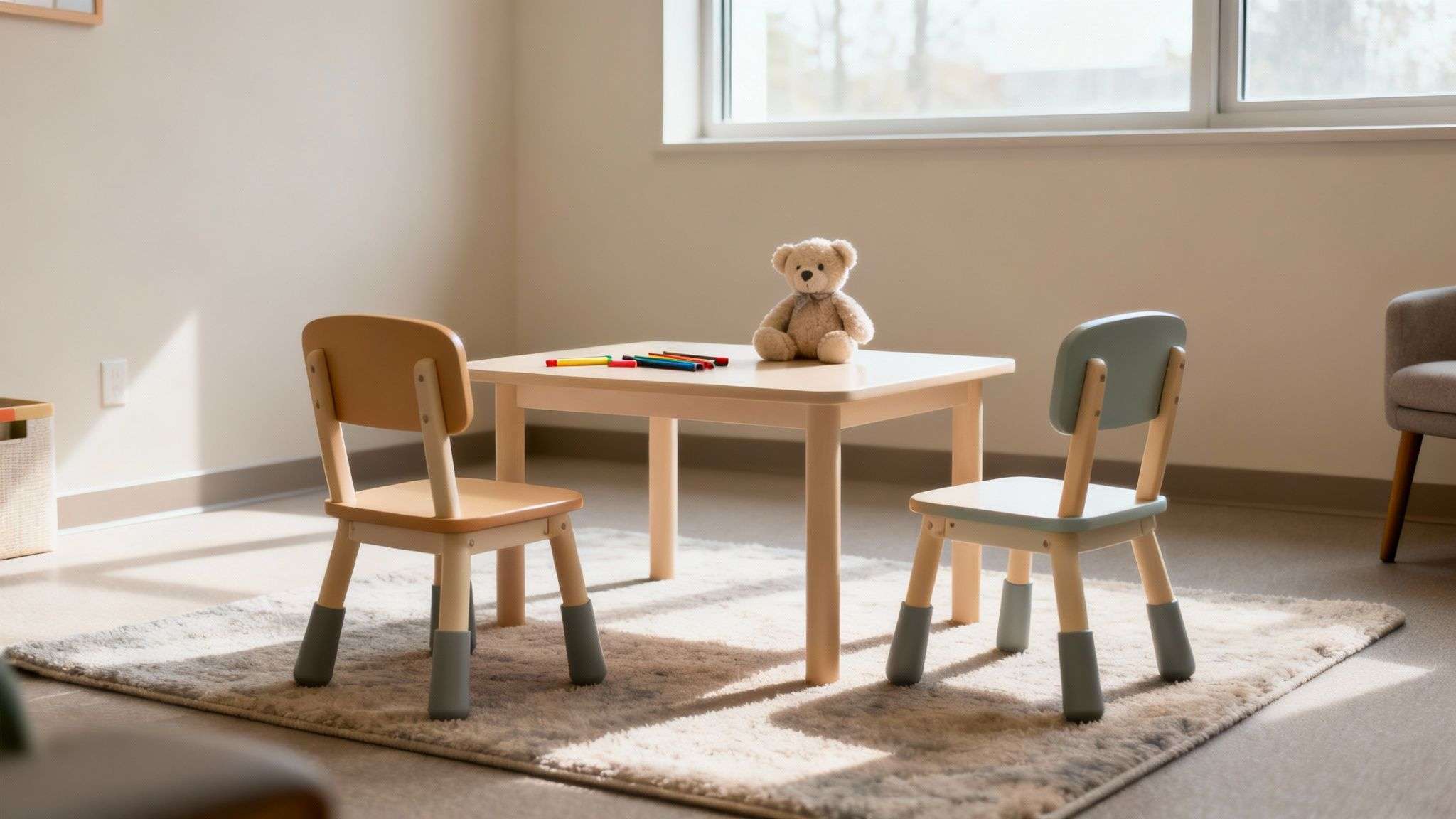 A child's table and chairs with a teddy bear and colorful markers on a rug in a bright room.
