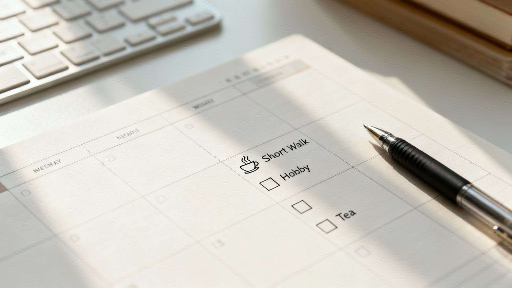 A close-up of a daily planner with a checklist, including items like 'Short Walk' and 'Hobby', beside a pen and keyboard.