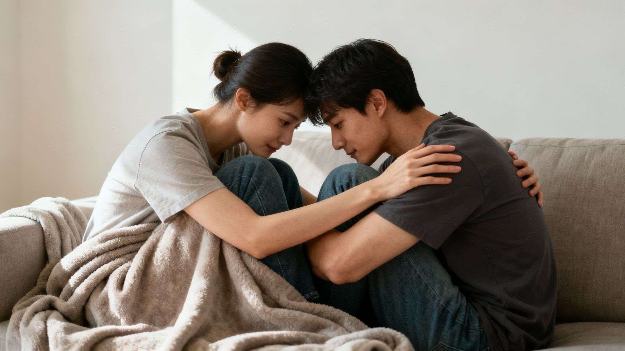 A comforting couple embracing on a couch, foreheads touching, symbolizing support and closeness.