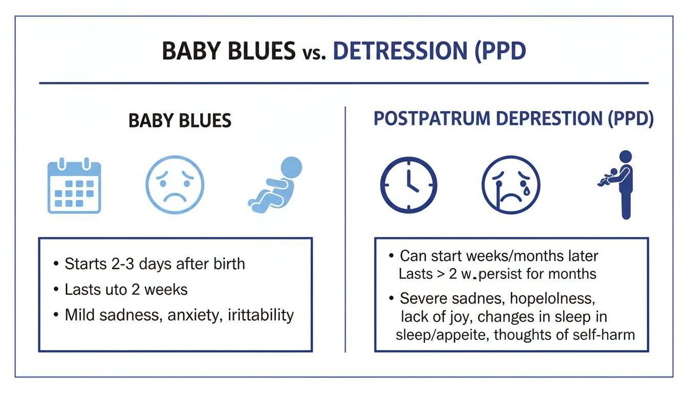 A comparison chart outlining the differences between Baby Blues and Postpartum Depression (PPD), including symptoms and duration.